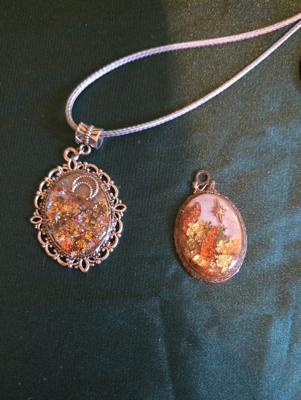 Handcrafted Gold, Copper, Silver Leaf Celestial Oval Resin Pendant Necklace